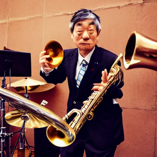 Image similar to middle aged japanese man in a suit and tie playing the trumpet in a ska band