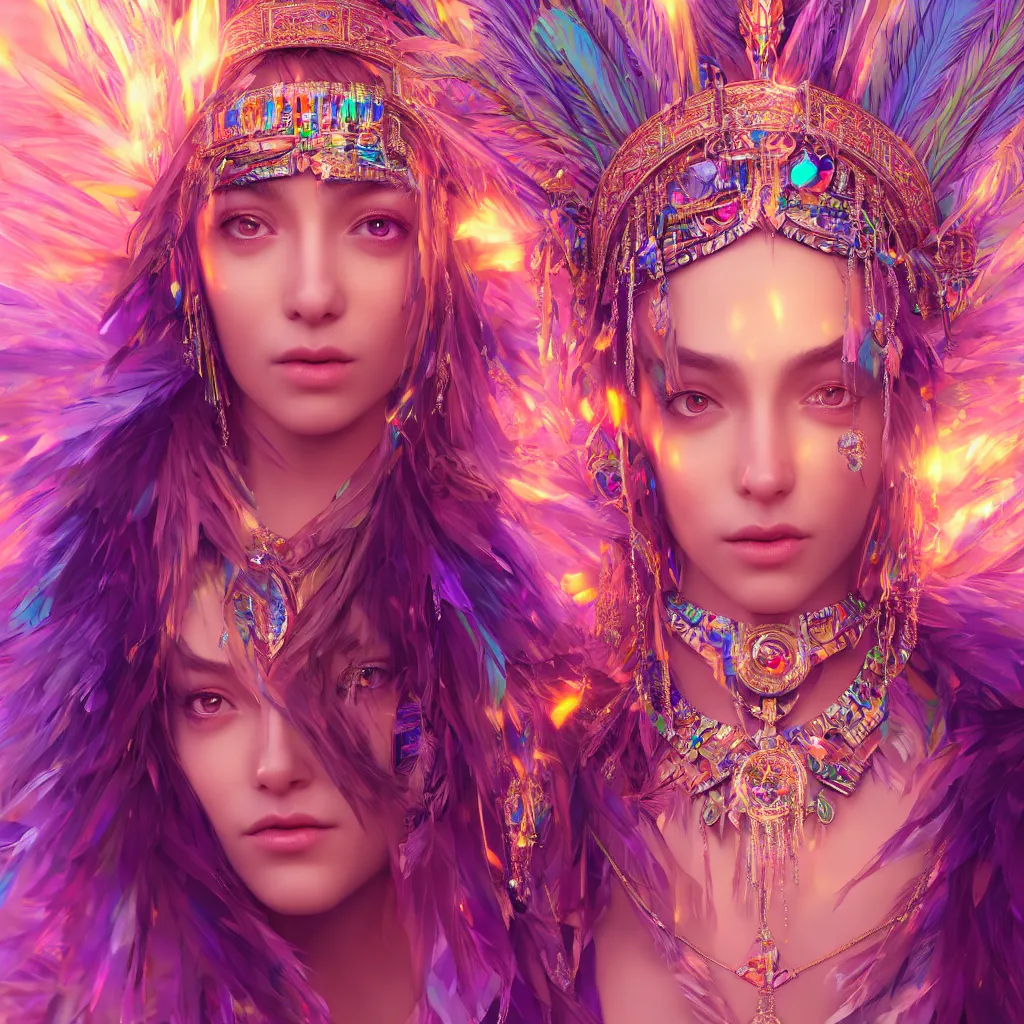 Image similar to portrait highly detailed beautiful symmetrical face high priestess intricate elegant detailed crystal jewellery with tribal feathers, lush colourful volumetric lighting, anime digital painting, concept art, smooth, sharp focus 3 d, divine realm of gods, realistic cinematic style, octane render, photographic, unreal engine 8 k