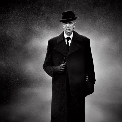 Image similar to ! dream arsene wenger as a 1 9 4 0 s gangster, noir, fog, serious, extreme detail, realistic, rain, atmospheric, long coat, movie still, studio light, dramatic 4 k