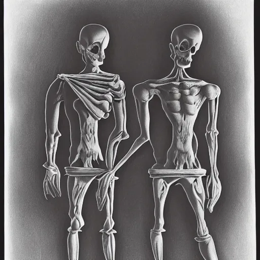 Image similar to spooky escher print of manequins walking hand in hand