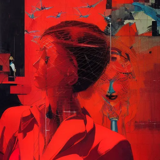 Image similar to portrait of a daydreaming melancholic latina woman in red habit being progressively rasterized into virtual pixels, she is surrounded by digital birds and a giant loving neon mecha robot is beside her, oil on canvas by yoji shinkawa, esao andrews and dave mckean