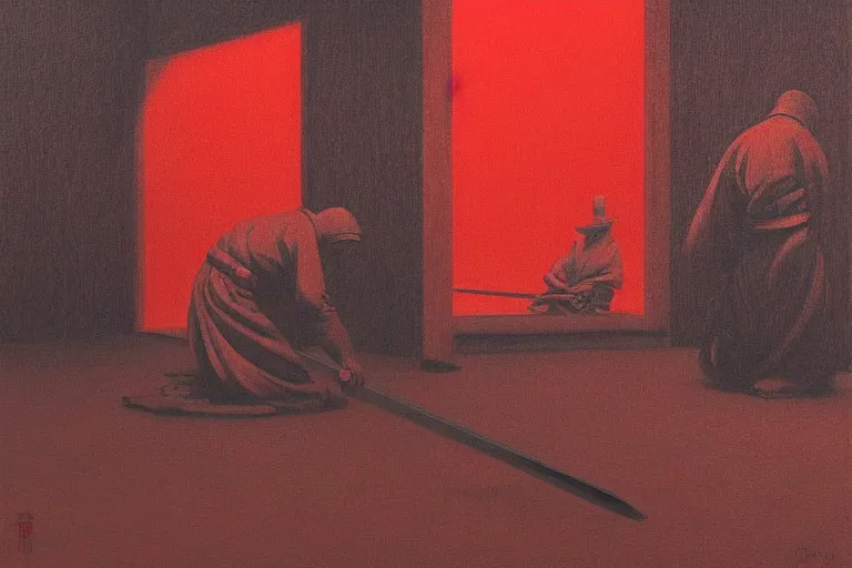 Image similar to only with red, a red samurai do seppuku, tokio, a lot of frogs watch, in the style of beksinski, parts by edward hopper, parts by rodcenko, parts by yue minjun, intricate and epic composition, red by caravaggio, insanely quality, highly detailed, masterpiece, red light, artstation, 4 k