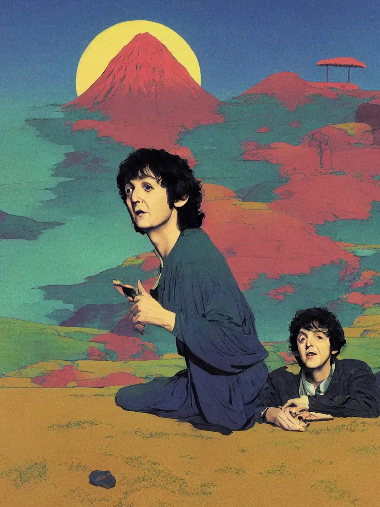 Image similar to an image of paul mccartney as frodo from the lord of the rings, taking mind altering drugs, a blotter paper of lsd acid and dreaming psychedelic hallucinations in the vast shire landscape, by kawase hasui, moebius, edward hopper, colorful flat surreal design, dramatic lighting, hd, 8 k, artstation