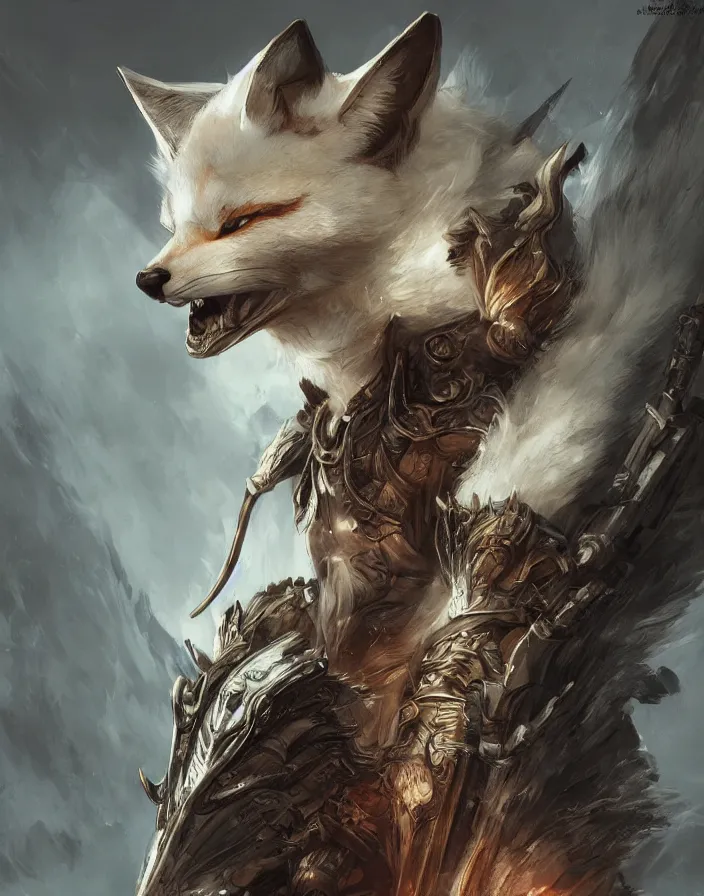 Prompt: an concept art of the kitsune, pale hair, one eye, intricate details, detailed face, detailed armour, artstation, epic pose, ambient light, by rembrandt