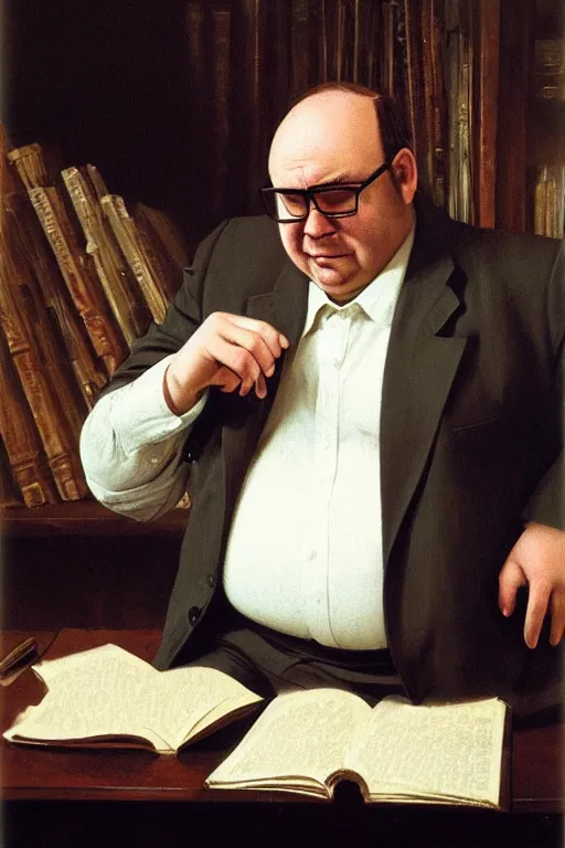 Prompt: portrait of an short, slightly overweight, balding, older man in a vest and white shirt sitting behind a big desk, he is wearing glasses, there are a lot of books laying around, style of greg rutkowski