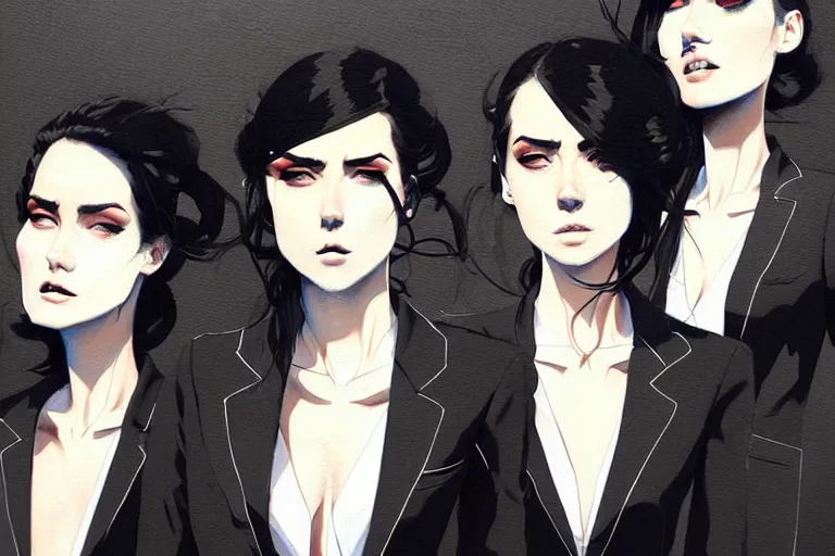 Image similar to a ultradetailed painting of three women in black suits with ties, by conrad roset, greg rutkowski and makoto shinkai trending on artstation