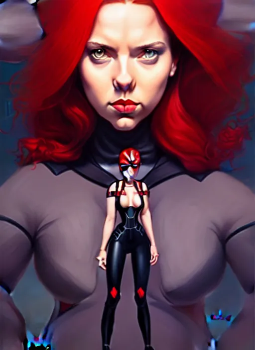 Image similar to peter mohrbacher, phil noto, artgerm, pretty scarlett johansson black widow, symmetrical eyes, long red hair, full body, city rooftop