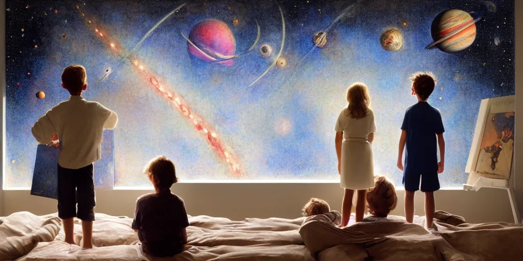 Image similar to one 5 year old boy and one 1 2 year old girl looking at the wall of their bedroom and seeing the universe full of galaxies and planets, imagination, part by norman rockwell, part by greg rutkowski, part by mattias adolfsson, high angle, ( ( ( ( volumetric lighting ) ) ) ), oil on canvas