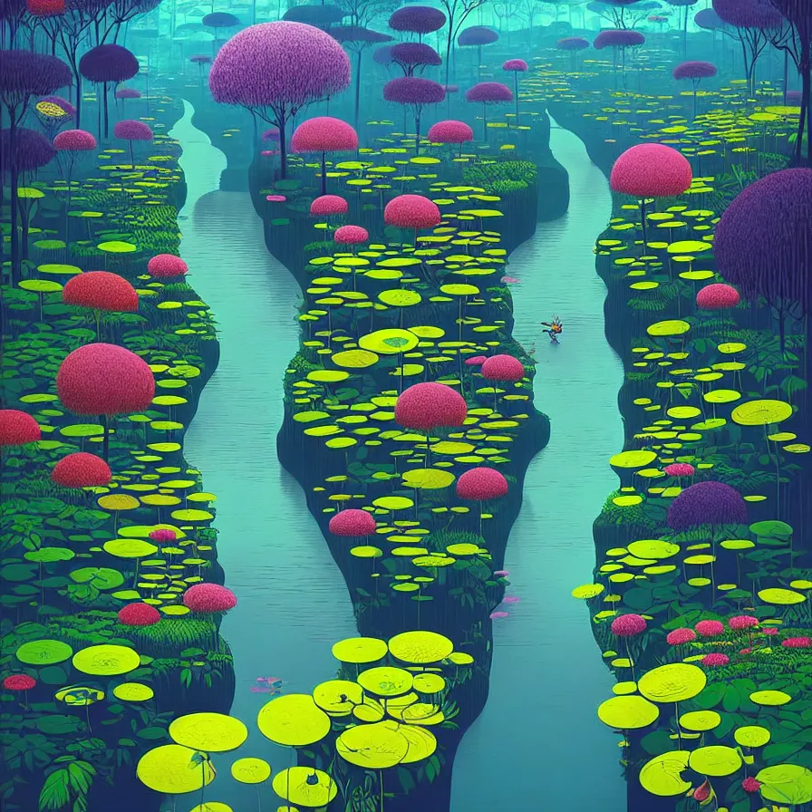 Image similar to ( ( ( gediminas pranckevicius ) ) ) flower garden, river flow through borneo jungle, summer morning, very coherent and colorful high contrast art by james gilleard floralpunk screen printing woodblock, dark shadows, pastel color, hard lighting