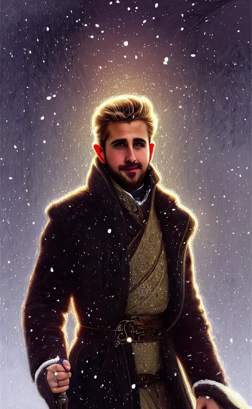 Image similar to rayan gosling, regal, elegant, winter, snow, beautiful, stunning, hd, illustration, epic, d & d, fantasy, intricate, elegant, highly detailed, wide angle, digital painting, artstation, concept art, smooth, sharp focus, illustration, wallpaper, art by artgerm and greg rutkowski and alphonse mucha and jin xiaodi