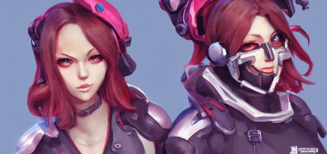 Image similar to concept art of female video game characters head designs, punk, disgaea, flcl, overwatch, by marc brunet and artgerm