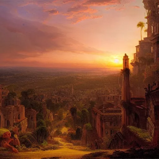 Image similar to vista of a city at sunset, the city is a sprawling renaissance city that is built on the rolling hills of a wide bay amidst cyclopean tombs and overgrown by the rainforest, rpg, hubert robert, cityscape, vista, dying earth, reclaimed ruins