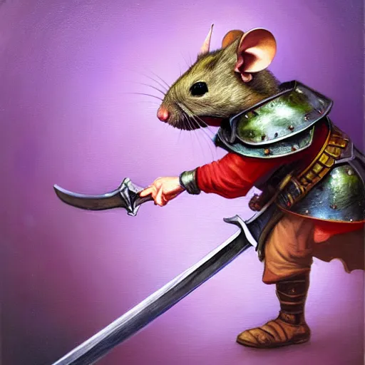 Image similar to armored mouse warrior holding a sword reaches for a floating purple crystal, Oil Painting, RPG Portrait, 8k scan
