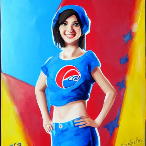 Image similar to painting of the pepsi logo personified as a soda themed girl in the style of ken sugimori