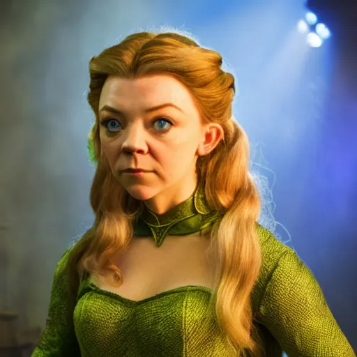 Image similar to Natalie Dormer as Shrek, studio lighting, set in fiery Mount Mordor