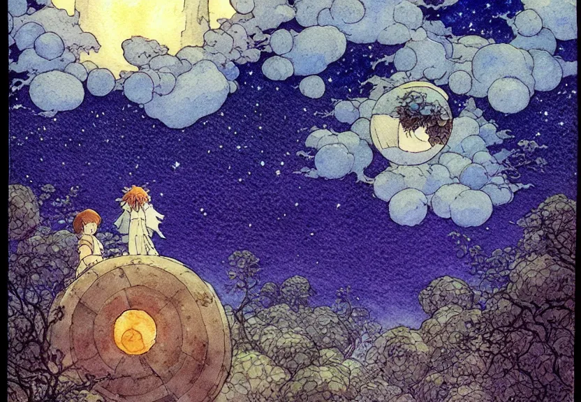 Prompt: a simple watercolor studio ghibli movie still fantasy concept art of one giant black cube floating inside a force field in mid air. it is a misty starry night. by rebecca guay, michael kaluta, charles vess