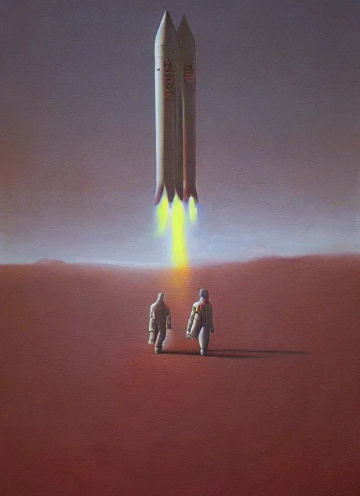 Image similar to A painting in a style of Beksinski featuring Elon Musk on mars. There is a rocket in the sky. Very detailed, symmetry