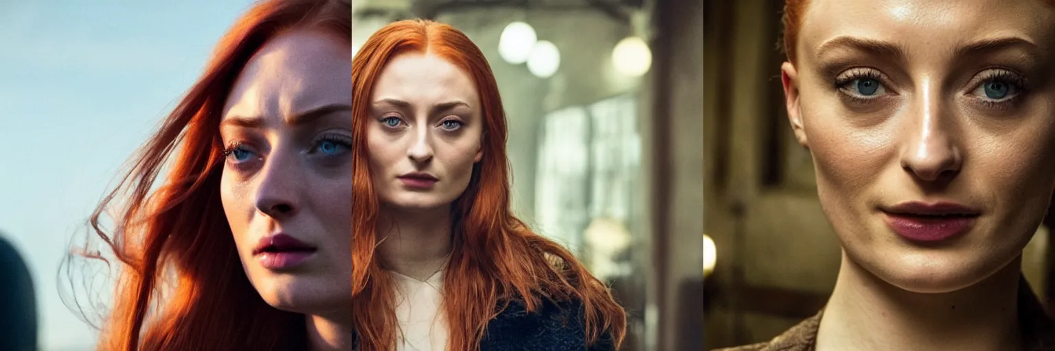 Prompt: close-up of Sophie Turner as a detective in a movie directed by Christopher Nolan, movie still frame, promotional image, imax 70 mm footage