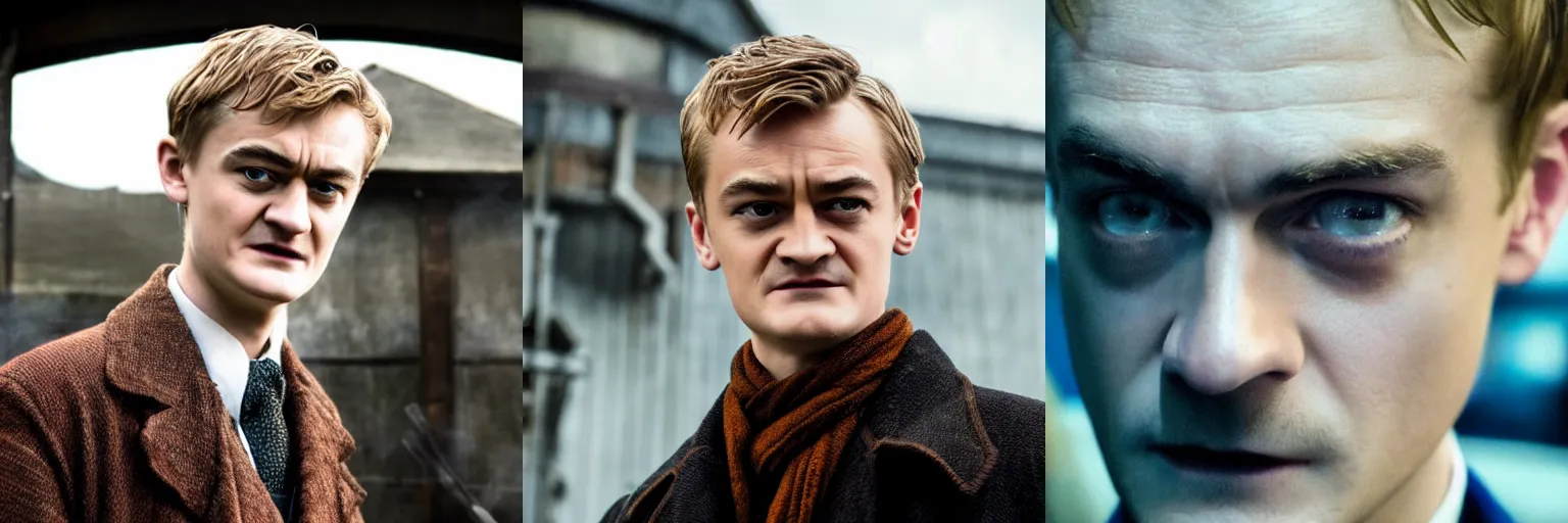 Prompt: close-up of Jack Gleeson as a detective in a movie directed by Christopher Nolan, movie still frame, promotional image, imax 70 mm footage