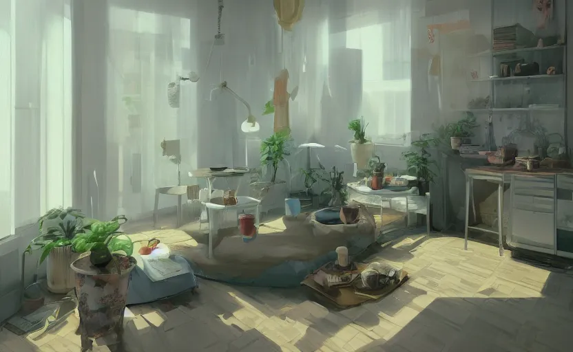 Prompt: a stylish bedroom interior, futuristic plastic capsule apartment, small kitchen, reflective floor, potted plant, painting by Craig Mullins, octane rendering, soft morning lighting, wide angle lens, in the style of Hayao Miyazaki, trending on artstation,