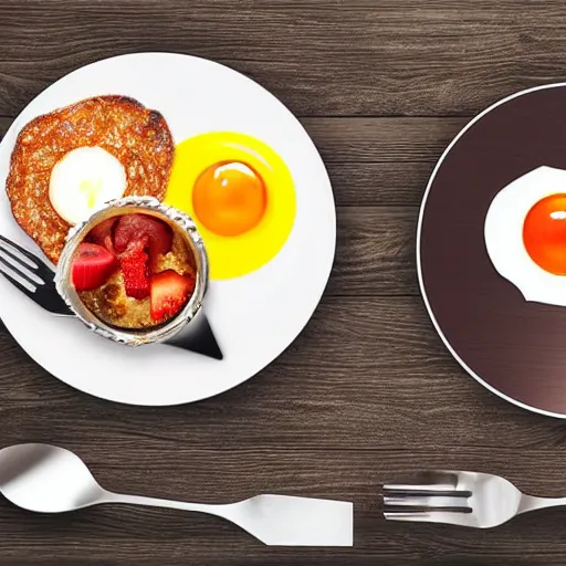 Prompt: American breakfast made of metal, breakfast food, dining table, metallic, food made of metal