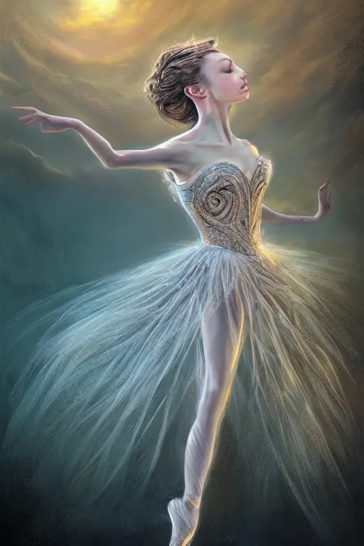 Image similar to prima ballerina, gorgeous, ethereal, intricate, elegant, volumetric lighting, nature scenery, digital painting, highly detailed, artstation, sharp focus, illustration, concept art, clive barker