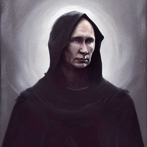 Image similar to portrait of Putin in a black cloak, glowing eyes, detailed face, highly detailed, cinematic lighting, digital art painting by greg rutkowski.