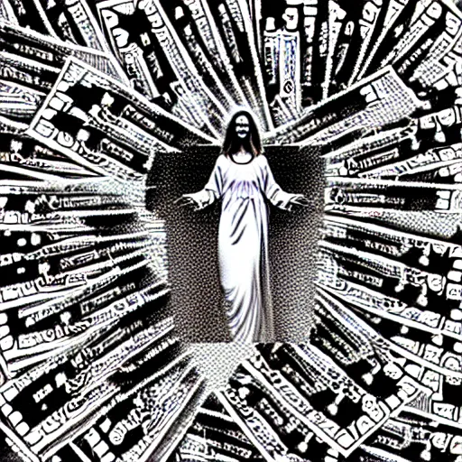 Image similar to vhs static overlay of angel apparition, surrounded by money falling like confetti, vhs, 1 9 9 0, highly realistic, highly detailed, vhs noise static, black and white, vhs glitch