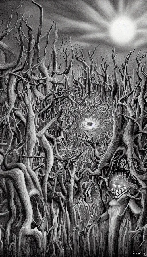 Prompt: a storm vortex made of many demonic eyes and teeth over a forest, by jason de graaf