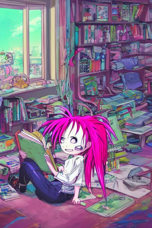 Prompt: concept art painting of a chibi anime cybergoth girl with pink dreads on the floor reading a book in a cluttered 9 0 s bedroom, chibi anime, artgerm, inio asano, toon shading, cel shading, calm, tranquil, vaporwave colors,