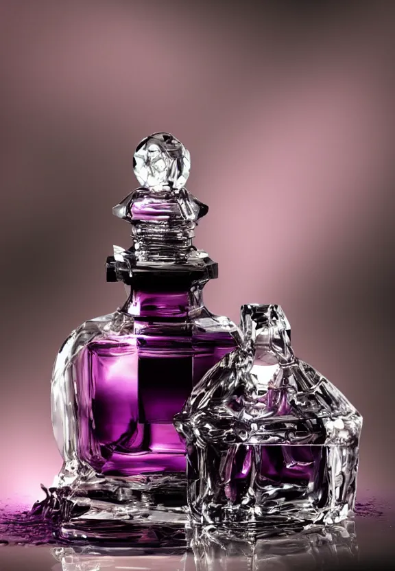 Prompt: close up shot of premium perfume bottle containing purple liquid, the bottle is placed on a black coloured table, ultra detail, commercial, designer product, cinematic lighting, hd artstation, symmetrical, rendered, 4k