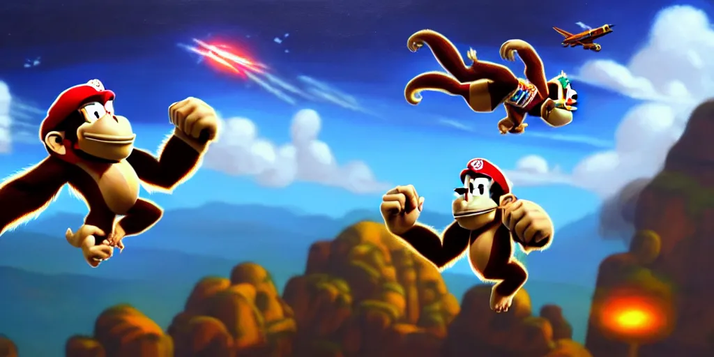 Prompt: a cinematic view of donkey kong flying a jet, oil on canvas, masterpiece, trending on artstation, featured on pixiv, cinematic composition, dramatic, beautiful lighting, sharp, details, hyper - detailed, hd, hdr, 4 k, 8 k