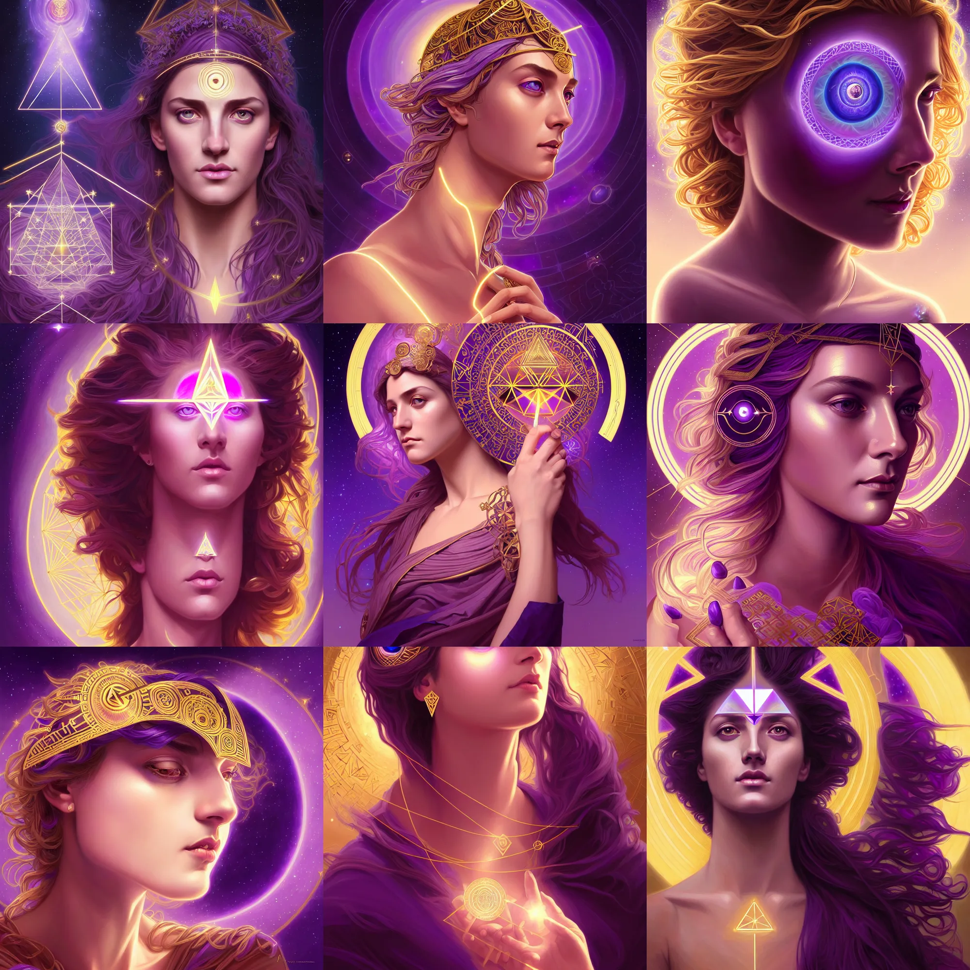 Prompt: portrait of a gallent greek goddess with glowing purple third eye chakra and golden hair, geometric third eye triangle, sci - fi face, sacred geometry mandal background, breathtaking stars, elegant, highly detailed, digital painting, artstation, concept art, smooth, sharp focus, spiritual art, art by artgerm and greg rutkowski and alphonse mucha, psychedelic