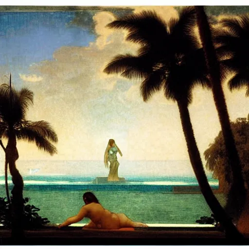 Image similar to Silhouette of two girls at the palace, thunderstorm, greek pool, beach and palm trees on the background major arcana sky, by paul delaroche, alphonse mucha and arnold böcklin arnold böcklin hyperrealistic 8k, very detailed