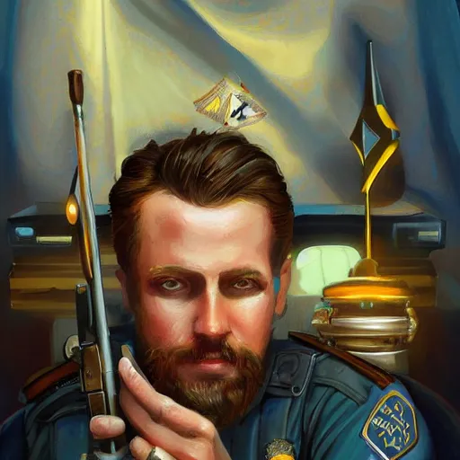 Image similar to american police tarot card, digital painting, ultradetailed, artstation, oil painting, ultradetailed, artstation