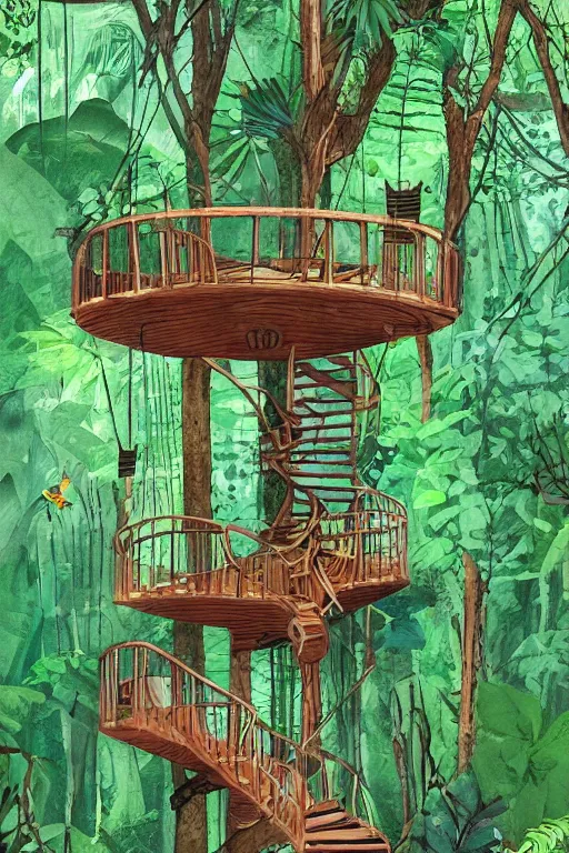 Image similar to tree house in the rainforest, spiral staircase, swings, garden, by alba ballesta gonzalez. 4 k wallpaper, digital flat 2 d, comic book, illustration, cinematic lighting, smooth sharp focus.