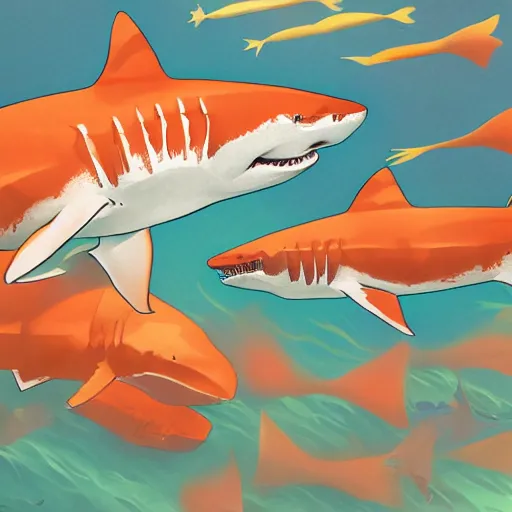 Image similar to great white shark, orange and white striped traffic cones as fins, underwater background detailed atmospheric - ron cheng & alphonse mucha, highly detailed, digital painting, ray tracing, concept art, illustration, smooth sharp focus, intricate, symmetry, artstation,