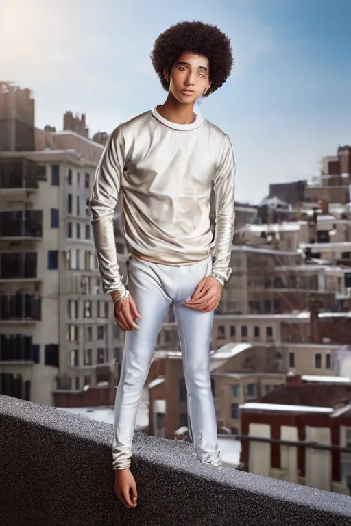 Image similar to un ultra high definition studio quality photographic art portrait of a young man standing on the rooftop of a british apartment building wearing soft padded silver pearlescent clothing. three point light. extremely detailed. golden ratio, ray tracing, volumetric light, shallow depth of field. set dressed.