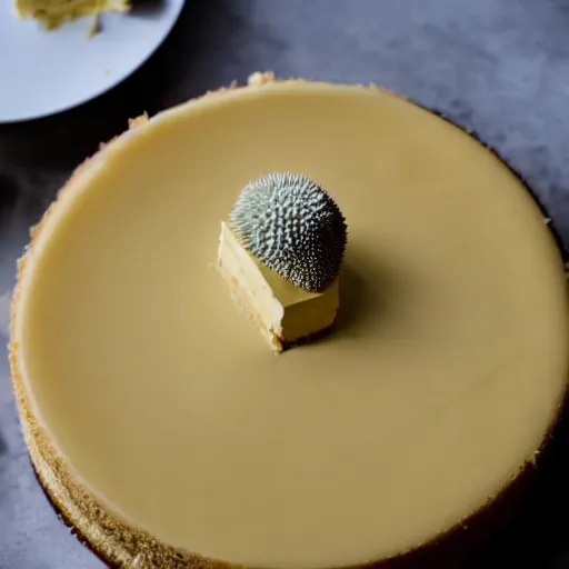 Image similar to close view of a delicious sweet and perfect durian cheesecake piece, award winning, 4 k, beautiful