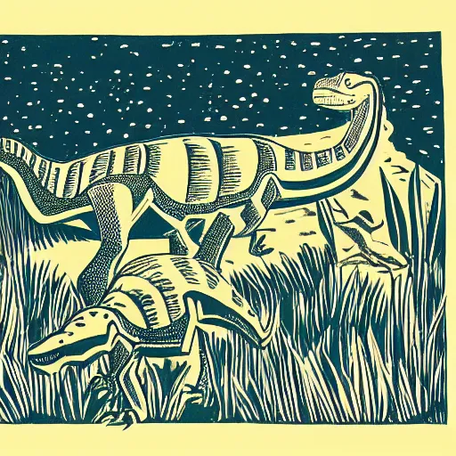 Image similar to dinosaurs by Edward Bawden, linocut