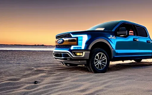 Image similar to Ford F150 Hydro Blue 2022 Truck on a Green Sand Beach at sunset