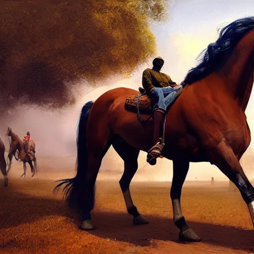 Image similar to horse on man, the man is carried by the horse, hyperrealism, no blur, 4 k resolution, ultra detailed, style of ron cobb, adolf hiremy - hirschl, syd mead, ismail inceoglu, rene margitte