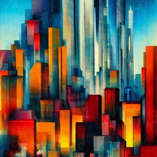 Prompt: a painting of a cityscape with buildings in the background, an abstract painting by stanton macdonald - wright, cgsociety, lyrical abstraction, cityscape, dystopian art, impressionism!!!!!!!