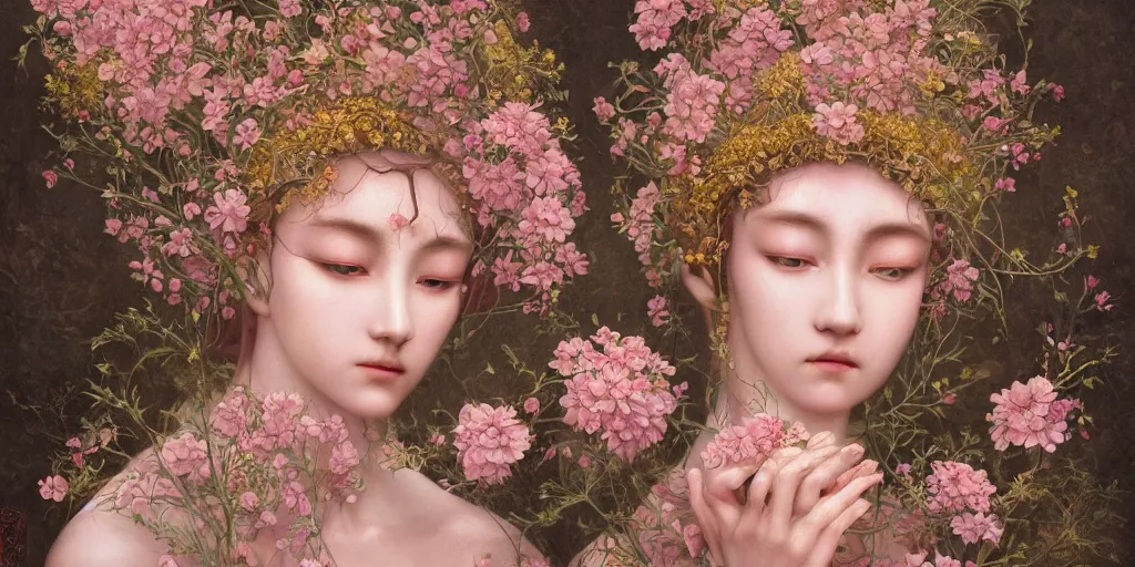 Prompt: breathtaking detailed weird concept art painting of few goddesses of light pink flowers, orthodox saint, with anxious, piercing eyes, ornate background, amalgamation of leaves and flowers, by Hsiao-Ron Cheng, extremely moody lighting, 8K