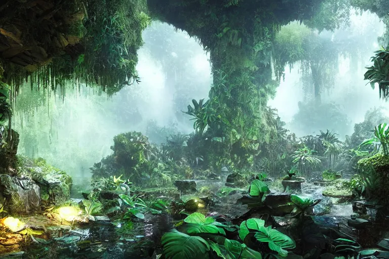 Prompt: the most amazing dream you ever had about subterranean jungle, hyper realistic, ambient lighting, concept art, intricate, hyper detailed, smooth, dynamic volumetric lighting, octane, cinematic