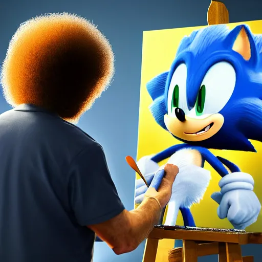 Image similar to a closeup photorealistic photograph of bob ross working on a canvas painting sonic the hedgehog. film still. brightly lit scene. mountain scape. this 4 k hd image is trending on artstation, featured on behance, well - rendered, extra crisp, features intricate detail, epic composition and the style of unreal engine.