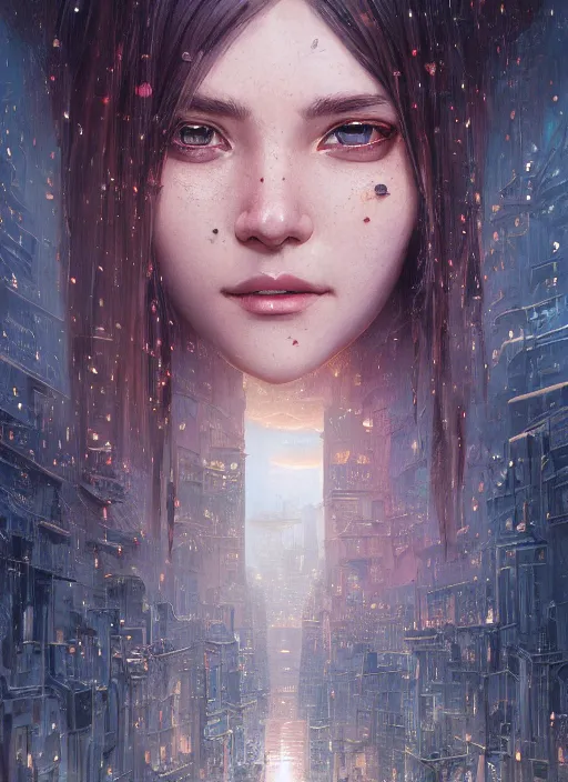 Image similar to highly detailed portrait of a female face made of cityscapes, stephen bliss, unreal engine, fantasy art by greg rutkowski, loish, rhads, ferdinand knab, makoto shinkai and lois van baarle, ilya kuvshinov, rossdraws, tom bagshaw, global illumination, radiant light, detailed and intricate environment