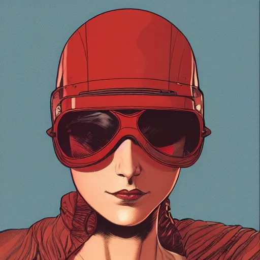 Prompt: woman wearing loose aviator helmet and googles, drawn by bernie wrightson and moebius, red tones, detailed drawing, flat colors
