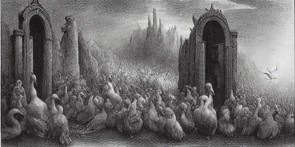 Image similar to gargantuan geese guarding the gates of hell, art by gustave dore, hieronimus bosch