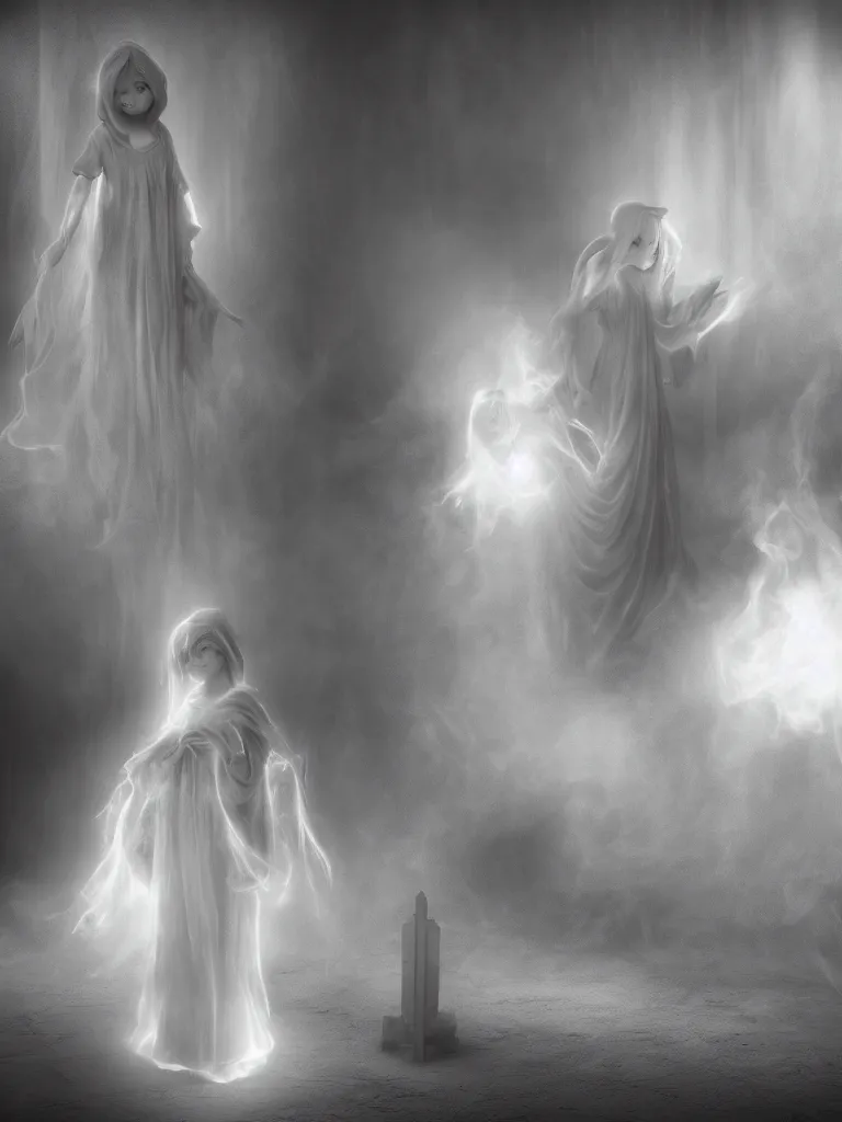 Image similar to cute fumo plush gothic angel maiden girl ghost wraith making an apparition in an abandoned church, wisps of smoke and glowing volumetric fog, vignette, orthographic, vray